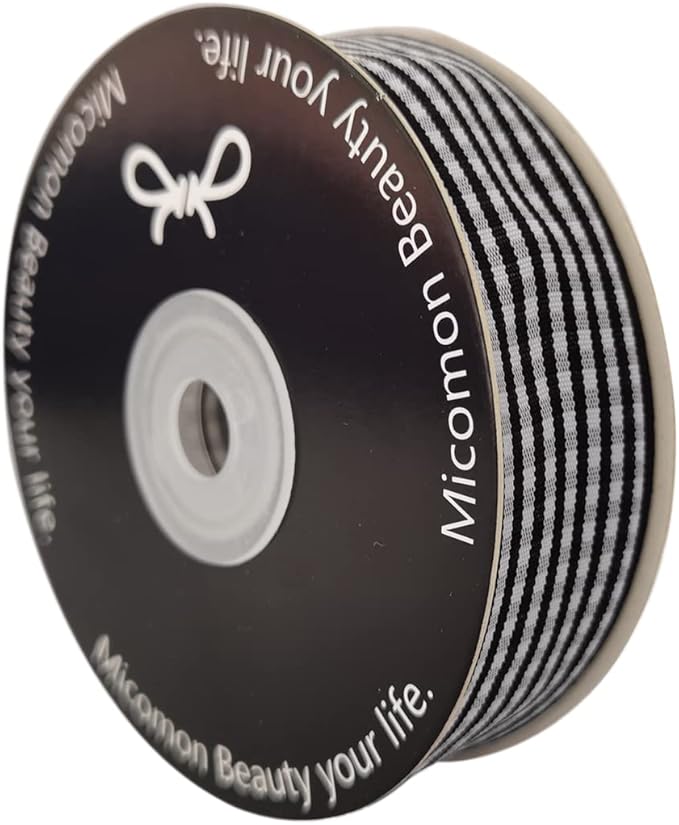 1 Inch Black and White Woven Edge Gingham Ribbon 25 Yards Each Roll 100% Polyester (1", Black)