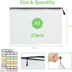 Vuzvuv 22Pcs A3 Size-16.9"x 12" Large Mesh Zipper Pouch with Label Sticker, Plastic Document Mesh Bag for File Board Game School Office Home Travel Storage（43cm30cm）