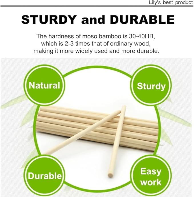 HOPELF 100PCS Dowel Rods - 3/8 x 12 Inch Bamboo Sticks - For Crafts, Wooden Dowel Assortment