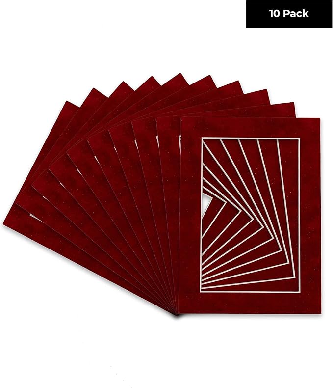 Poster Palooza Pack of Ten 8x10 Mats Bevel Cut for 6x8 Photos - Acid Free Bright Red Suede Precut Matboards for Pictures, Photos, Framing - 4-ply Thickness