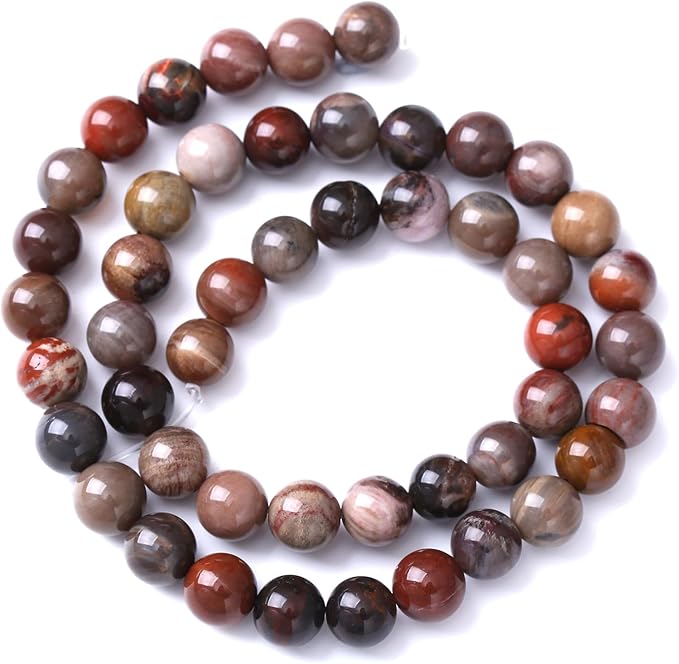 36pcs 10mm Natural Wooden Petrified Jade Agate Gemstone Beads Round Loose Spacer Beads for Jewelry Making DIY Bracelet Necklace 1 Strand 15inch