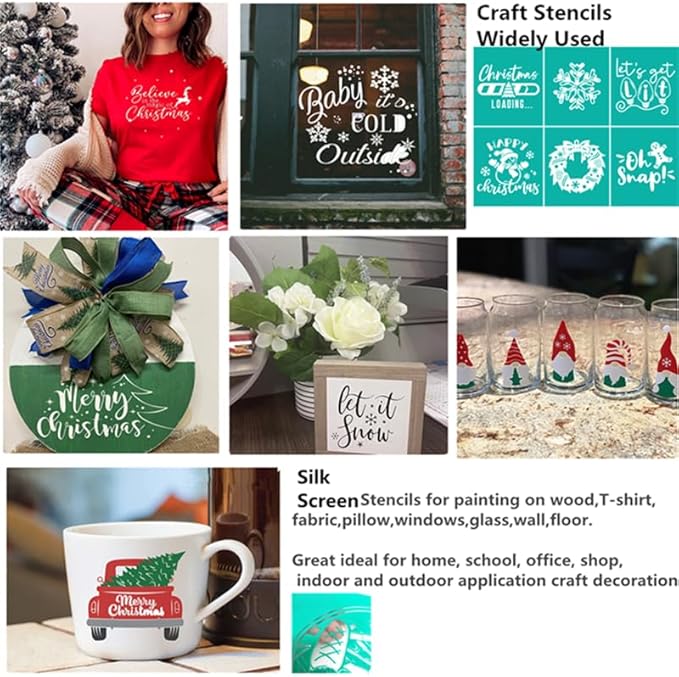 JAJADO Holy Christmas Stencils Self Adhesive Silk Screen Stencils Xmas Believe Screen Print Stencil Holiday Joy Silk Screen Transfers for Crafts on Wood, Fabric, Glass, Wall, Mug, DIY Christmas Decor