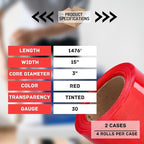 PSBM Red Stretch Wrap, 15 Inch x 1476 Feet, 8 Pack, Tinted Pre-Stretched Shrink Wrap Film for Moving, Packaging, Pallet Wrapping