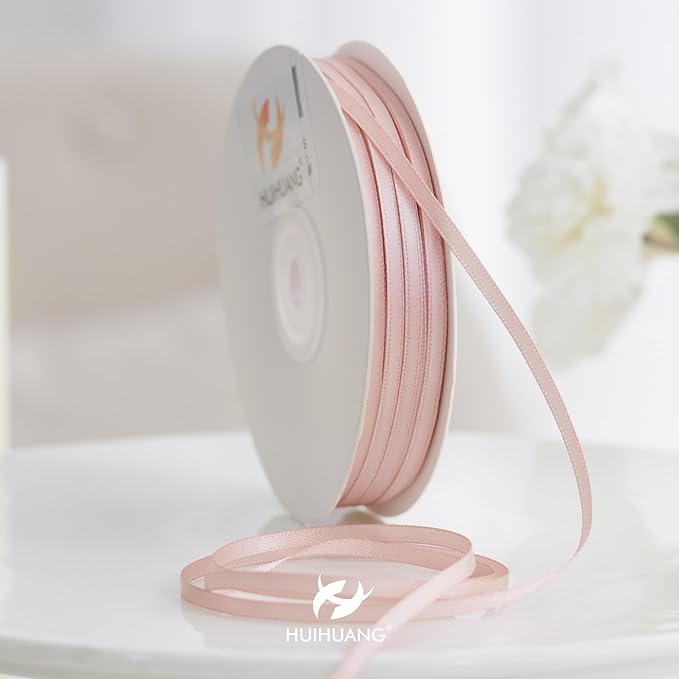 HUIHUANG Rose Gold Ribbon 1/8 inch Solid Color Thin Satin Ribbon 100 Yards Continuous for Crafts DIY Bows Decoration Sewing and Invitation Card Gift Tags Christmas Ornaments Wedding Decoration