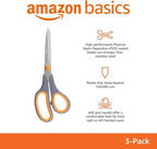 Amazon Basics Stainless Steel Scissors for Office, Crafts, Multipurpose, Sharp, Comfort Grip, PVD Coated, 3 Pack, Multicolor