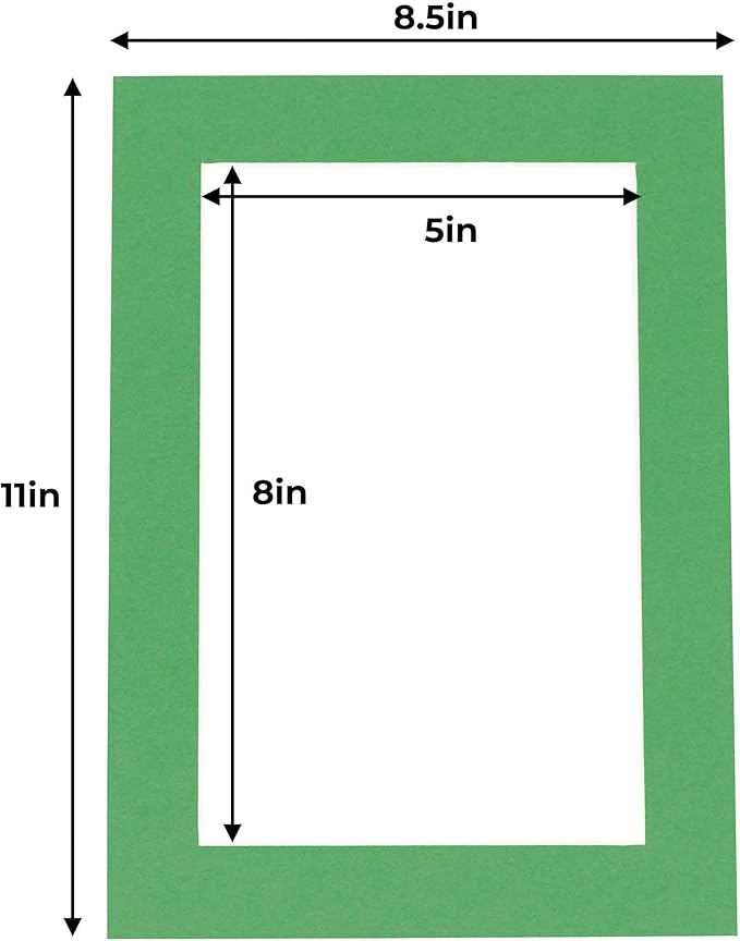 5.5x8.5 Mat for 8.5x11 Frame - Precut Mat Board Acid-Free Bright Green 5.5x8.5 Photo Matte for a 8.5x11 Picture Frame, Matboard for Family Photos, Show Kits, Art, Picture Framing, Pack of 25 Mats