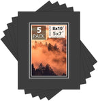 Mat Board Center, Double Mat - Acid Free, 8-ply Thickness, White Core - for Pictures, Photos, Framing (Black Over Black, 8x10 for 5x7, Pack of 5)
