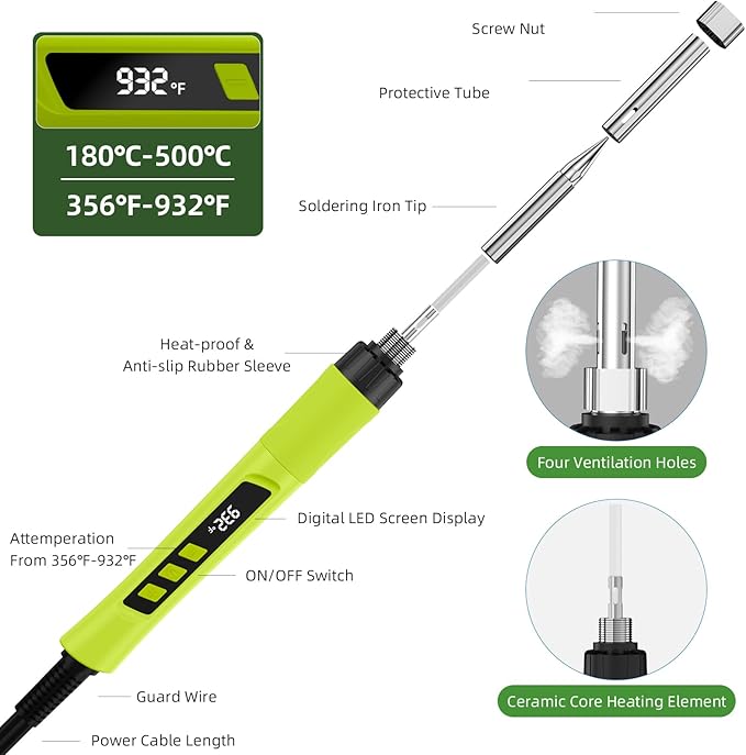 Soldering Iron Kit, 190W Soldering Gun, 110V LED Solder Kit for Electronics, Adjustable Temperature 356-932℉, Includes Solder Wire, Sucker, Tips, Stand, Tweezers, Paste and Solid Wood Box, Green
