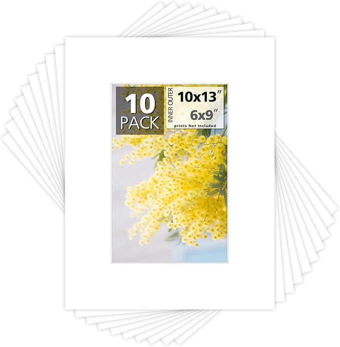 Mat Board Center, Pack of 10, 10x13 for 6x9 White Photo Picture Mats - Acid Free, 4-ply Thickness, White Core - for Pictures, Photos, Framing