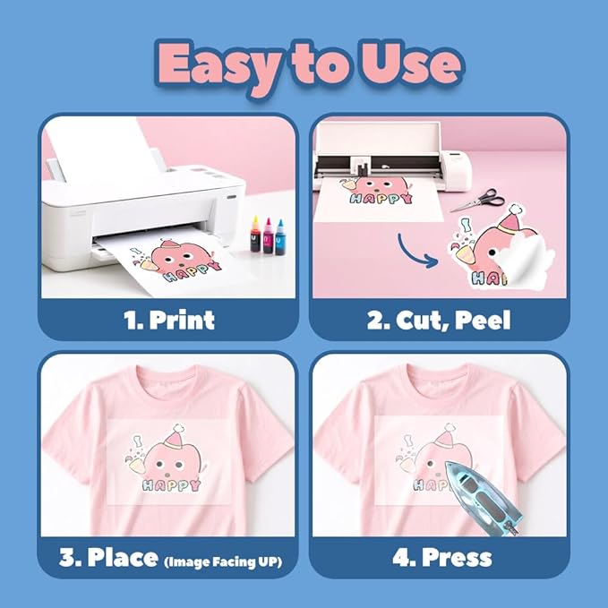 TranSmile PU-Heat Transfer Paper for T Shirts (40 Sheets, 8.5x11'', Light), Iron on Transfers for Light Fabric, Printable Heat Transfer Vinyl for Inkjet Printer