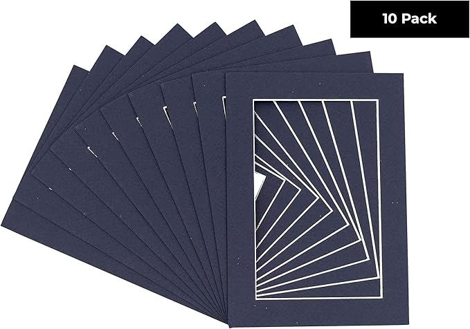 Pack of Ten 8x10 Mats Bevel Cut for 5x8 Photos - Acid Free Navy Precut Matboards for Pictures, Photos, Framing - 4-ply Thickness