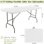 2 Pack 6 FT Folding Tables White Foldable Table, Fold-in-Half with Carrying Handle Portable Plastic Rectangular Table for Party, Dining, Wedding, Camping, Picnic, Indoor Outdoor Events