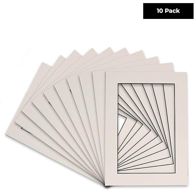 Pack of TEN 8x10 Mats Bevel Cut for 5.5x8.5 Photos - Acid Free White with Black Core Precut Matboards For Pictures, Photos, Framing - 4-ply Thickness
