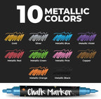 Chalkola Dual Tip Liquid Chalk Markers for Blackboard (10 Metallic Colors, 1mm+5mm Fine, Bold) - Dry Erase Marker Pens for Chalkboards Signs, Car Windows, Glass, Mirrors - Erasable Chalkboard Markers