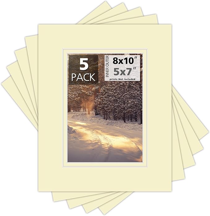 Mat Board Center, Double Mat - Acid Free, 8-ply Thickness, White Core - for Pictures, Photos, Framing (Ivory Over Ivory, 8x10 for 5x7, Pack of 5)