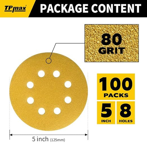 100PCS 5 Inch 80 Grit 125mm 8 Hole Sanding Discs Sandpaper - Premium Gold Round Hook and Loop for Random Orbital Sander - Ideal for Wood, Metal, Automotive