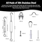3/16" Sunshade Sail Hardware Kit, Turnbuckles for Cables Wires, PIUM PVC Coated Wire Rope Kits, 100Ft Stainless Steel Cable for Clothes Line Wires, String Light Hanging and Garden Plant Trellis