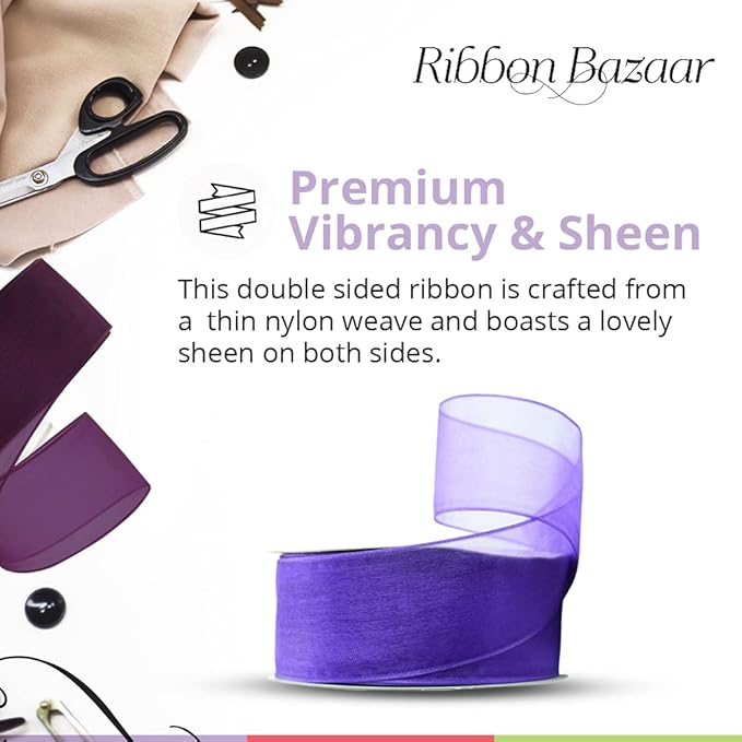 Ribbon Bazaar Sheer Organza Wired Ribbon - 100% Polyester Wire Edged Ribbon for Floral Decor, Table Arrangements, Apparel Embellishment & More - 1-1/2" Navy 25yd