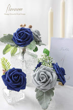 Floroom Artificial Flowers 50pcs Real Looking Silver Grey Foam Fake Roses with Stems for DIY Wedding Bouquets Bridal Shower Centerpieces Floral Arrangements Party Tables Home Decorations