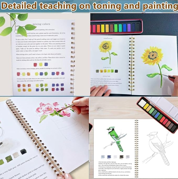 Watercolor Workbooks, Beginner Watercolor Painting Kit – 12 Colors Paint Set with Brush