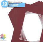 Mat Board Center, Pack of 10, 8x10 for 5x7 Maroon Color Mats - Bevel Cut, Acid Free, 4-ply Thickness, White Core - for Pictures, Photos, Framing