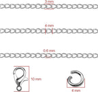 Jishi 33ft Necklace Extender Chain 3mm Silver Stainless Steel Curb Link Chain for Jewelry Making, Bracelet Necklace Extender DIY, Keychain Craft Supplies, Metal Chain Roll w/Lobster Clasps, Jump Rings