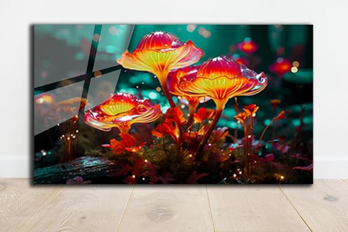 SpiritualHands Fantastic Mushrooms Glass Wall Art Oil Painting for Living Room, Tempered Glass Modern Prints Decor, Large Vivid Color Panel for Bedroom, Kitchen, or Office