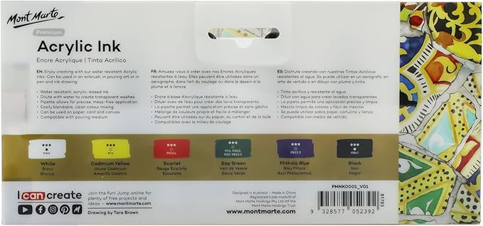 Mont Marte Acrylic Ink Premium 6pc x 20ml (0.7 US fl.oz), Acrylic Inks for Artists, Essential Colors, Ideal for Air Brush, Pouring Art, Scrapbooking, Ink Drawing, Mixed Media