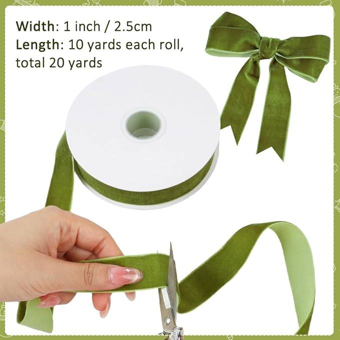 Mousse Green Velvet Ribbon, 1 Inch x 20 Yards Single Faced Mousse Green Ribbon for Gift Wrapping, Bow Making, Christmas Tree Decorations, Wreath Making and DIY Crafts (10 Yards Each Roll)