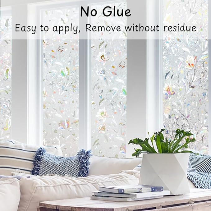 NINETREX Window Privacy Film,3D Stained Glass Window Film,Decorative Window Covering Sun Blocking Vinyl Static Cling Anti-UV Heat Control for Home Decor,Tulip 17.5 x 78.7inch