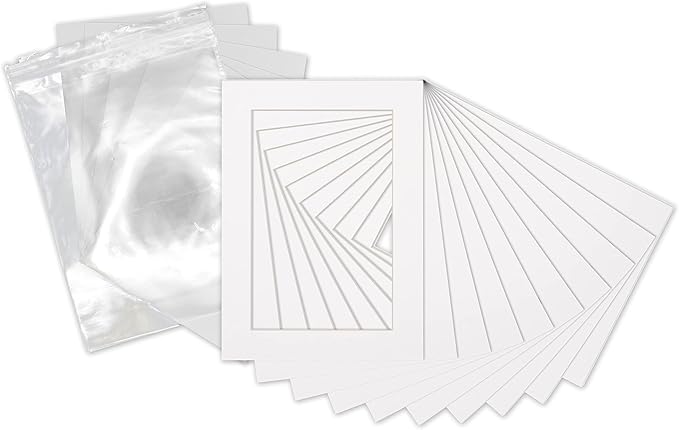 5.5x8.5 Mat for 8.5x11 Frame - Precut Mat Board Acid-Free Show Kit with Backing Board, and Clear Bags White 5.5x8.5 Photo Matte Made to Fit a 8.5x11 Picture Frame Matboard for Framing, Pack of 10 Mats