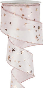 MEEDEE Rose Gold Star Satin Wired Ribbon - 2.5 Inch Pink Wedding Ribbon - 25 Yards Roll Christmas Decor