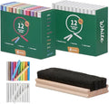 Kedudes Dustless Chalk with Eraser, 24pk - 12 Colored Chalkboard Chalks and 12 White Chalk for Chalkboard and Board Erasers Set - Blackboard Chalks and Eraser with Wooden Handle