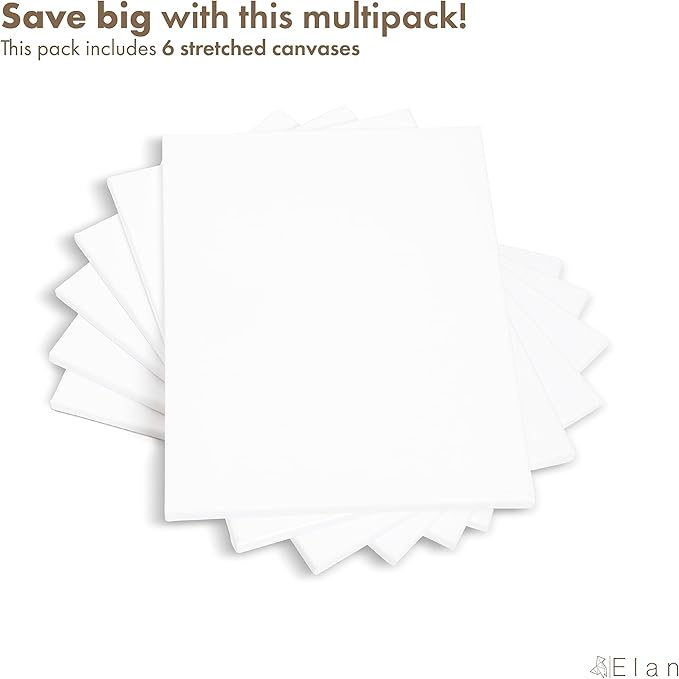 Elan Stretched Canvases 9x12 Inch, 6-Pack Blank Canvases for Painting 8 oz, Triple Primed Stretched Canvas for Painting, 9x12 Canvas Bulk
