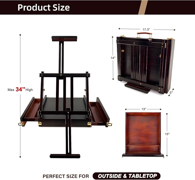 Large Walnut Sketchbox Table-Top Easel with Dual Dawers-Adjustable Solid Beech Wood Artist Desktop Easel with Storage Holds Canvas up to 34'' High-(Dark Walnut)