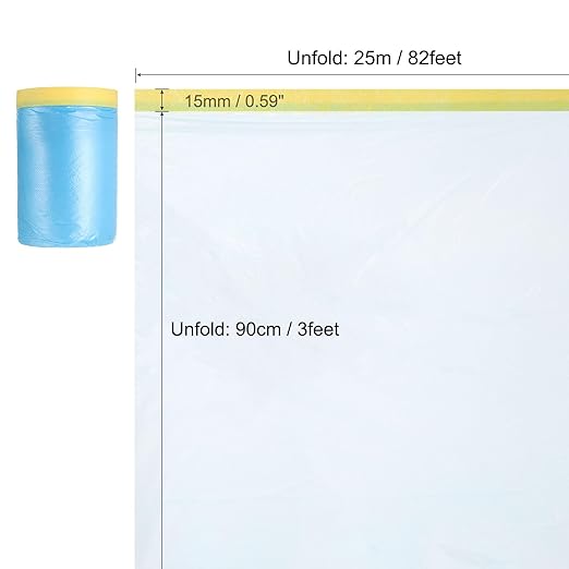 uxcell Pre-Taped Masking Film, 3ft x 82ft Plastic Paint Drop Cloth with Medium-Tack Painters Tape for Painting Spraying Protection Blue Film 3Pcs