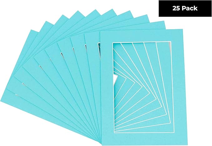 Pack of 25 Acid Free 8.5x11 Mats Bevel Cut for 7x9 Photos - Aquamarine Blue Precut Matboards for Pictures, Photos, Framing - 4-ply Thickness