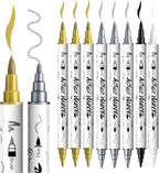 TRANSON 3 Gold, 3 Silver, 1 Black and 1 White Paint Markers Brush and Fine Dual-tip Acrylic Paint Marker Set for Rock Painting Glass Canvas Wood Leather Ceramic Painting
