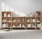 IOTXY Open Cube Low Bookcase - 3-Tier Freestanding Storage Display Cabinet Organizer with Legs for Home Office, 7-Cubes Open Shelf Short Bookshelf, Oak
