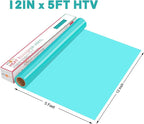 HTVRONT HTV Vinyl Rolls - 12" x 5ft Turquoise Heat Transfer Vinyl for Shirts & All Cutter Machines - Easy to Cut & Weed