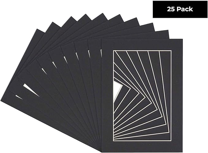 5x7 Mat for 8.5x11 Frame - Precut Mat Board Acid-Free Show Kit with Backing Board, and Clear Bags Black 5x7 Photo Matte Made to Fit a 8.5x11 Picture Frame Matboard for Framing, Pack of 25 Mats