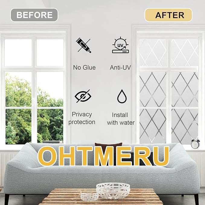 Window Privacy Film Decorative for Front Door, Bathroom Static Cling Stained Glass Sticker Opaque Heat Control UV Blocking Non-Adhesive for Home,Grid 17.5 x 78.7 inches