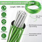Turnbuckles for Cables Wire, 1/8" X 100Ft Green PVC Coated Wire Rope Kit, Multi-use Steel Cable for Grape Vines/Clothes Line Outdoors for T Post/String Light Hanging/Garden Cable