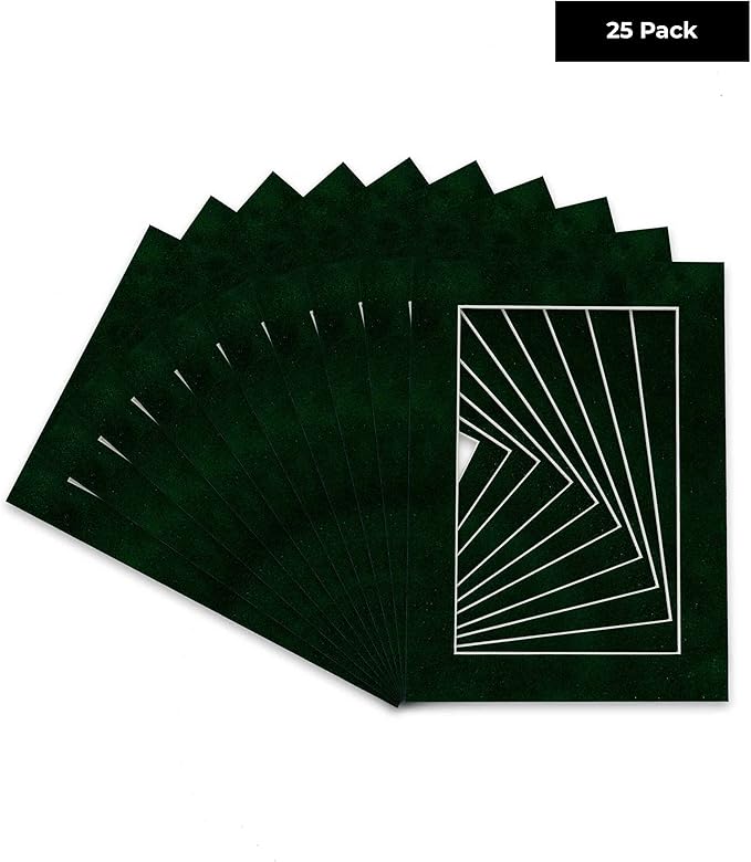 Pack of 25 Acid Free 11x14 Mats Bevel Cut for 8.5x11 Photos - Green Suede Precut Matboards With Backing Boards and Clear Photo Mat Bags For Pictures, Photos, Framing - 4-ply Thickness