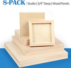 Falling in Art Unfinished Birch Wood Canvas Panels Kit, 8 Pack of 4 Sizes Studio 3/4’’ Deep Cradle Boards for Pouring Art, Crafts, Painting, and More