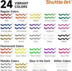 Shuttle Art Fabric Paint, 24 Colors 3D Permanent Paint with Brushes Palette Pen Fabric Sheet Stencils, Glow in The Dark, Glitter, Metallic Colors for Textile Fabric T-shirt Jeans Glass