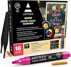 ARTEZA Liquid Chalk Markers, Set of 16 Bright Colors, Chalkboard Pens for Blackboard, Whiteboard, Windows, Mirrors, Glass, Restaurant Menu, Signs.