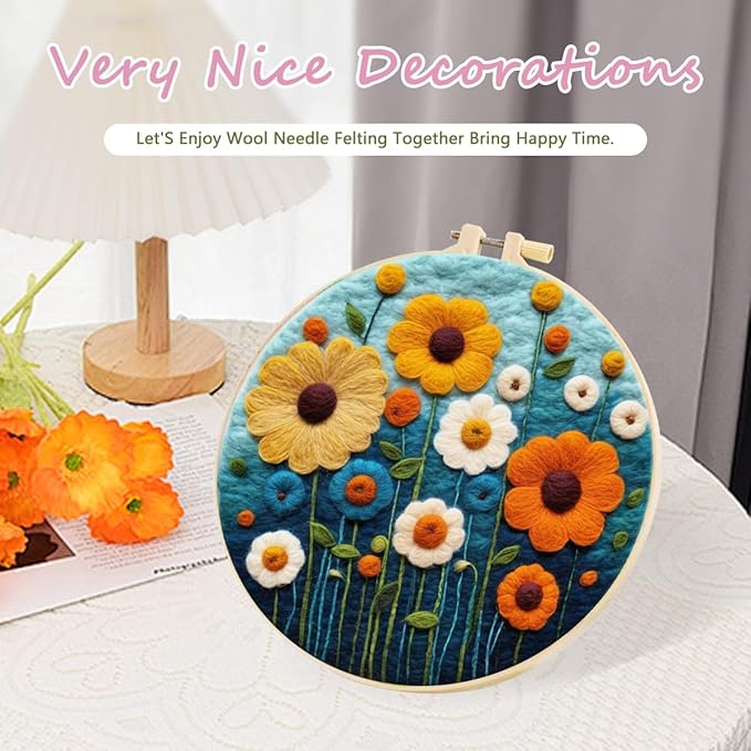 yesJRL Needle Felting Kits Beginners, Natural Landscape DIY Wool Needle Felting Starter Kit, Floral Needle Felt Set with Foam Pad, Felt Cloth and Instructions, Used for Home Decoration (Orange)
