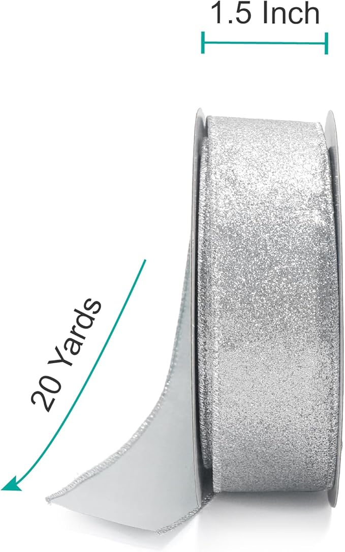 CT CRAFT LLC Glitter Wired Ribbon 1.5" x 20 Yards Silver for Christmas Home Decor Bow Gift Wrapping DIY Crafts Wreath