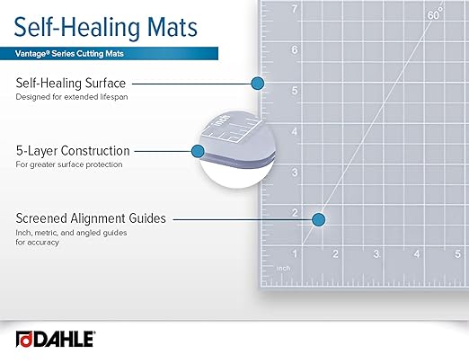 Dahle Vantage 10680 See-Through Premium Self-Healing Cutting Mat, 9"x12", 1/2" Grid, 5 Layers for Max Healing, Perfect for Crafts & Sewing, Clear